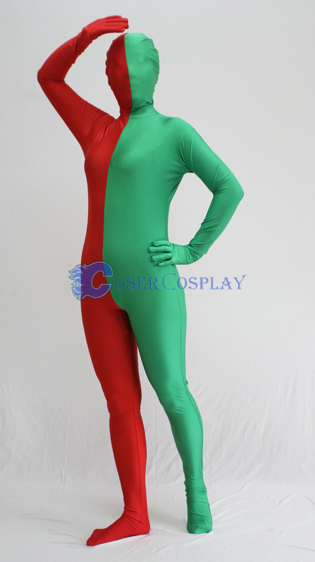 Red And Green Split Zentai Suit